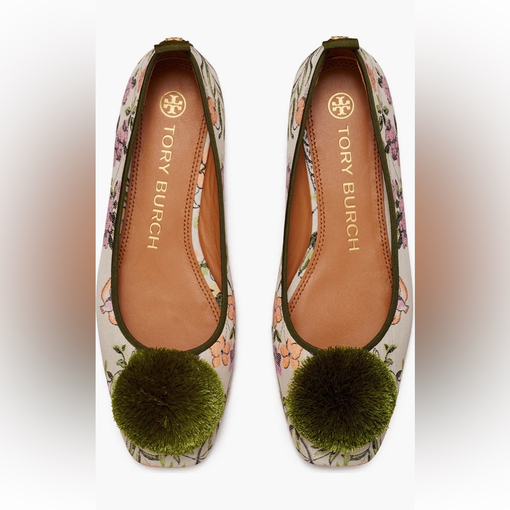 Tory Burch Floral Canvas Ballet Flats with Green Pom Pom - Picture 5 of 13